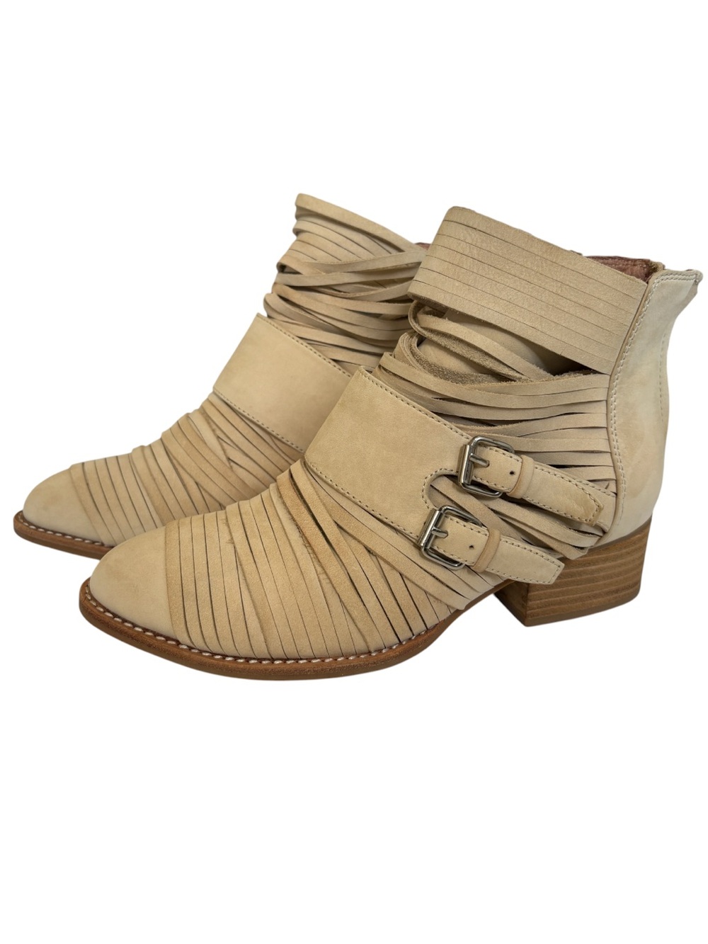 JEFFREY CAMPBELL Isley Ankle Boots In Beige Size 5 Boho Edgy Moto Layered Strap